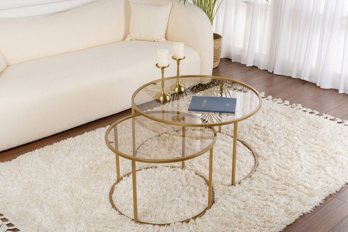 Nordure Juego de Mesas de Café 80, 60 cm Vidrio Templado y Metal Dorado, Bronce